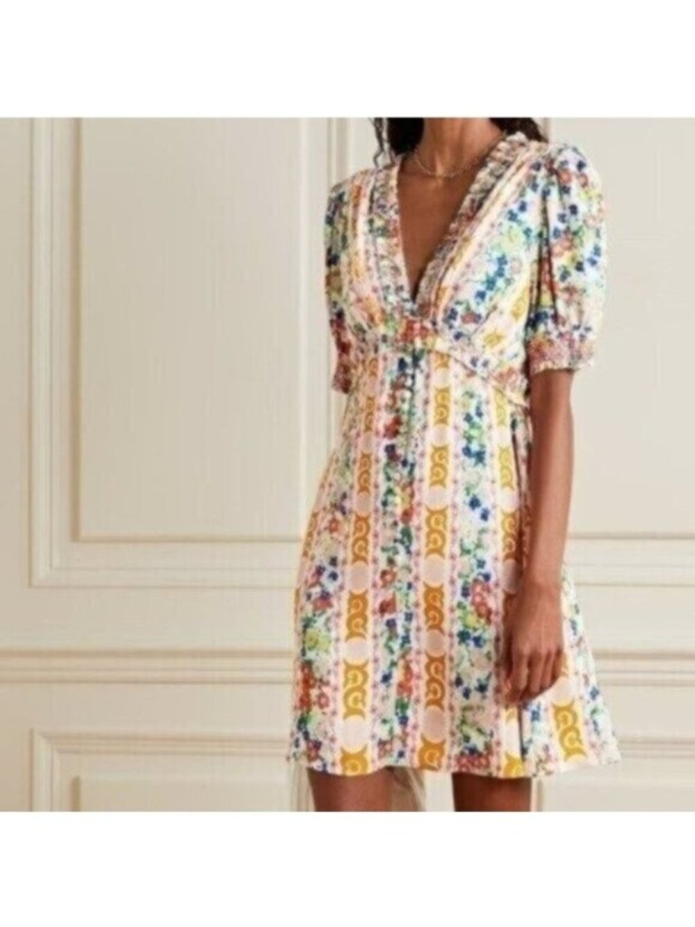 Saloni Lea Mini Dress 2 White Orange Pink Ruffle Smocked Floral Print Crepe